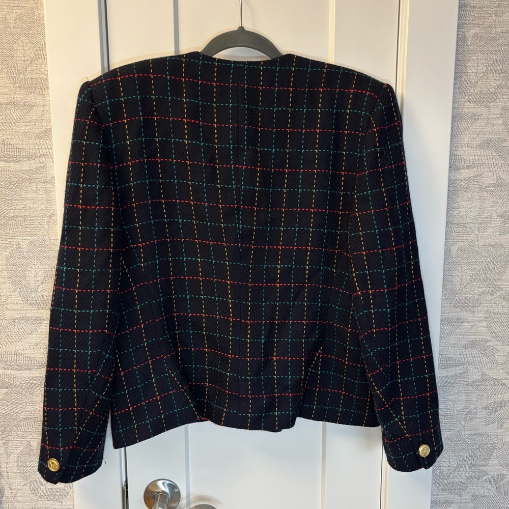 VTG Jones New York Navy Plaid Double Breasted Blazer 12 Cropped Preppy Y2K 90s - Picture 6 of 11